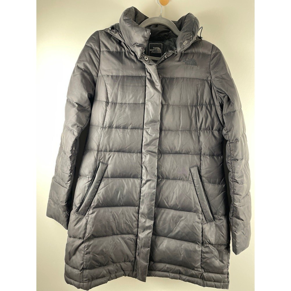 The North Face womens long black puffer 600 fill down jacket with faux hood size